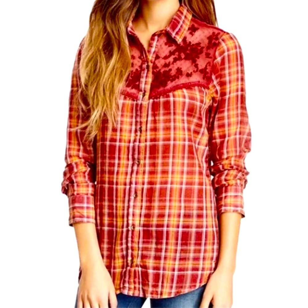 Free People Saddle Up Red Lace Button Down Shirt Plaid NWOTS S/P